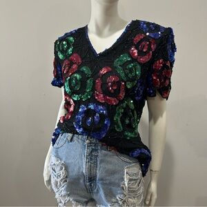 Vintage 80s Stenay 100% Silk Sequin Scallop Beaded Floral Cocktail Party Blouse